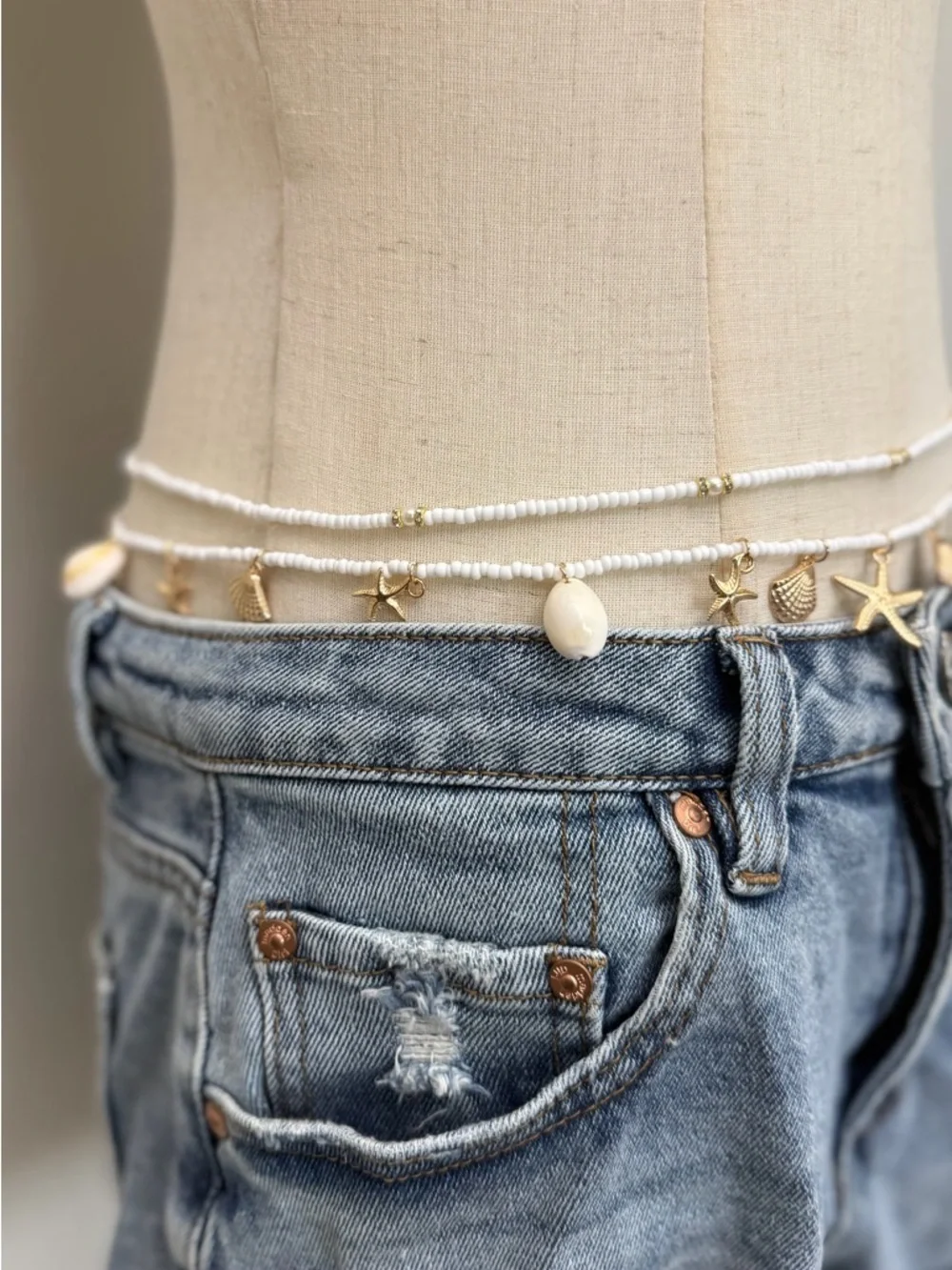 Layered Waist Chains Women White Beaded Shell Starfish Beach Belly Chain